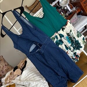 SHEIN Blue Denim Jumpsuit and Green Tropical Pants Set